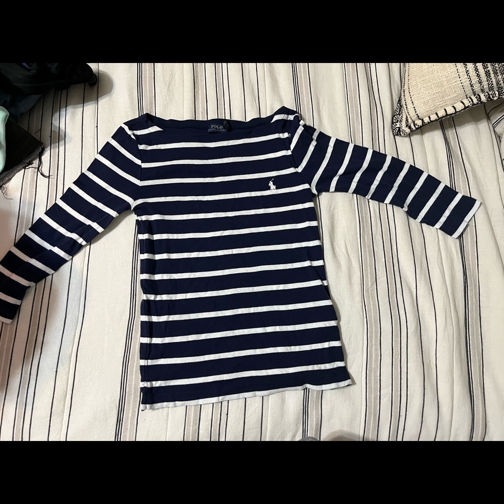 polo ralph lauren 3/4 navy blue and white shirt